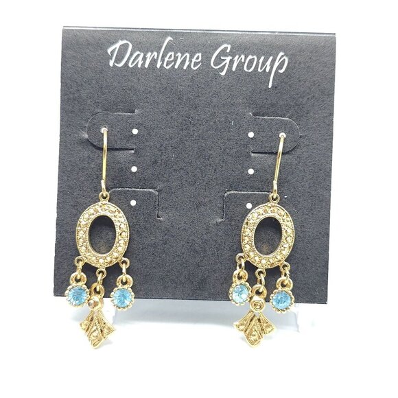 Gold-Tone Oval Dangle Earrings With Blue Rhinestones By Darlene Group - Picture 1 of 4